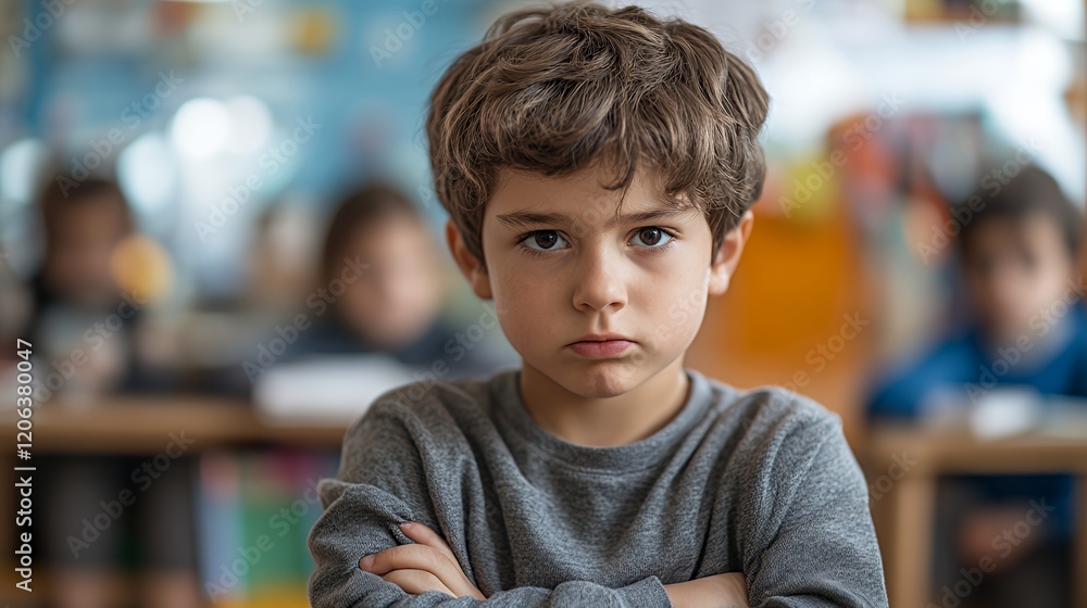 Child With Serious Expression Sits at Desk in Classroom During Lesson With Peers Engaged in Background Activity Child With Serious Expression Sits at Desk in Classroom During Lesson With Peers Engaged in Background Activity