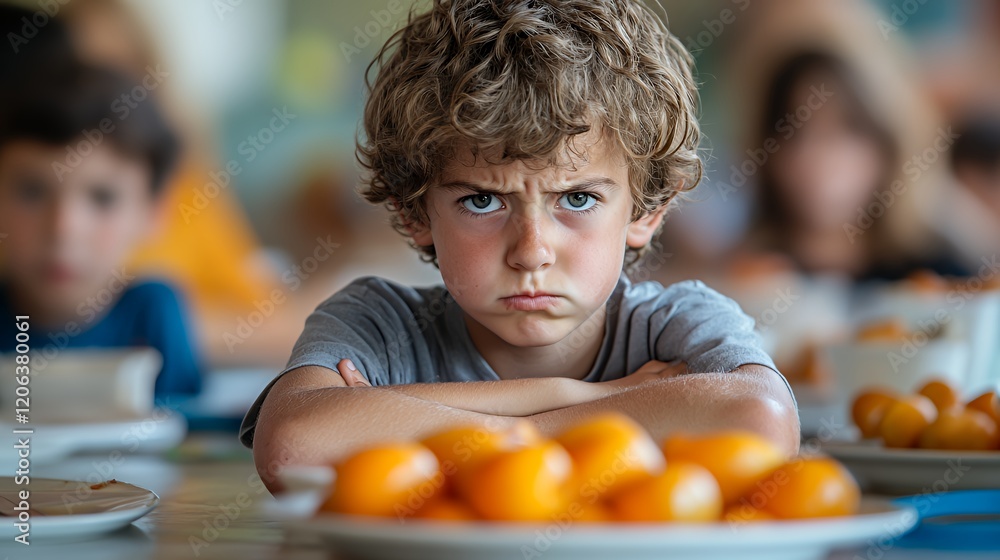 Fototapeta premium Boy Frowning at the Table Full of Oranges While Seated Among Other Children in a Bright Indoor Setting