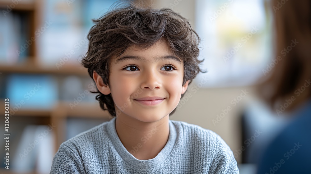 Young Boy Smiles While Engaging in Conversation With an Adult in a Cozy Indoor Setting During Daytime Young Boy Smiles While Engaging in Conversation With an Adult in a Cozy Indoor Setting During Daytime