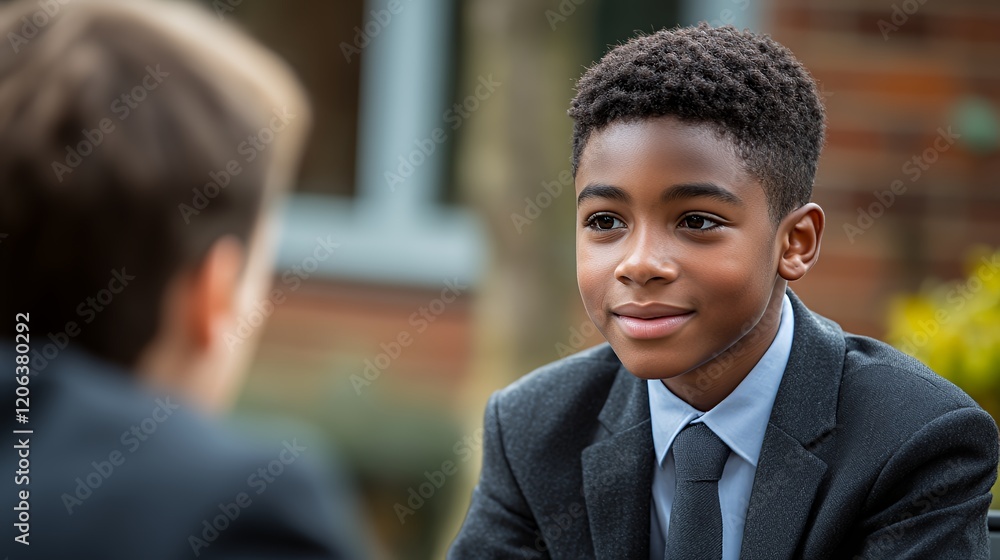 Young Boy in a Suit Engages in Conversation With a Peer Outdoors on a Sunny Day at a School or Community Event Young Boy in a Suit Engages in Conversation With a Peer Outdoors on a Sunny Day at a School or Community Event