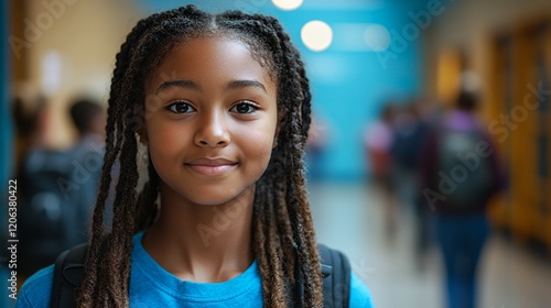Girl With Braided Hair Smiles in a Colorful School Hallway During a Busy Day With Students in the Background