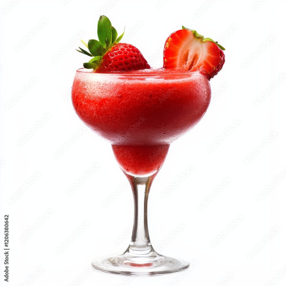 A fruity Strawberry Daiquiri with strawberry garnish, presented against an isolated white background, surrealism art style A fruity Strawberry Daiquiri with strawberry garnish, presented against an isolated white background, surrealism art style