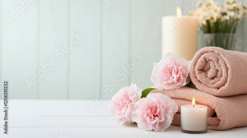 Soft Pink Towels with Candles and Fresh Flowers for Relaxing Spa Environment and Tranquil Home Décor photo