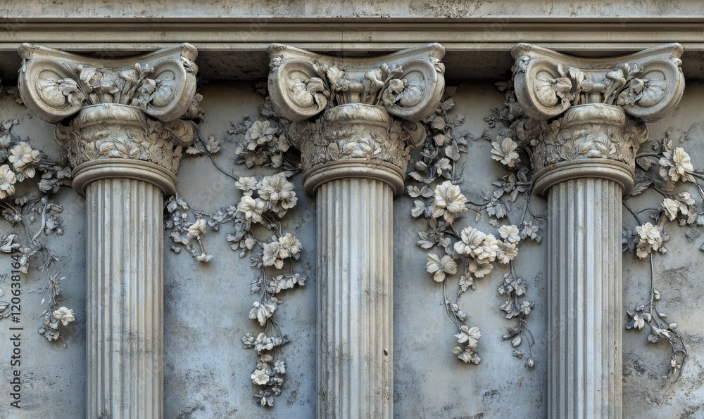 Naklejka premium Extreme close-up of ornate wall with floral vines and Roman columns