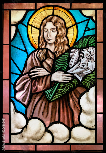 Saint Maria Goretti. A stained-glass window in the Oasis of Peace community chapel in Medjugorje, BiH.