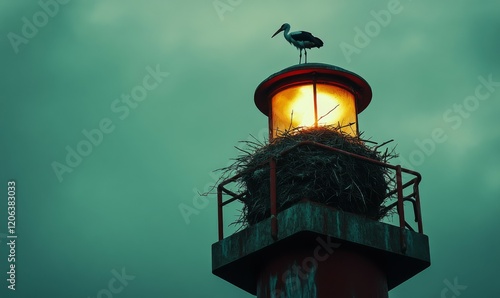 Extreme close-up shot of storks nesting on a light tower