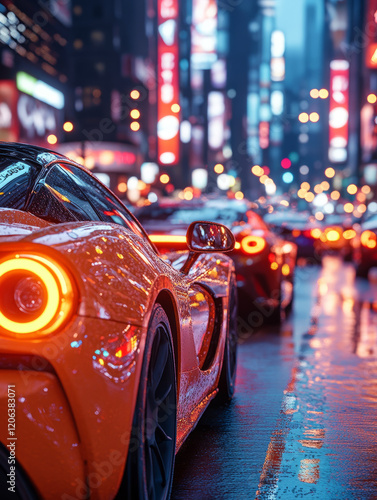 Wallpaper Mural Sports car in a vibrant, rainy city street at night. Torontodigital.ca