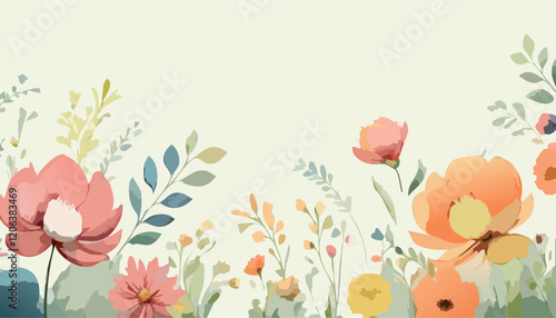 Abstract simple vintage vector art floral background vector in pastel colors, wallpaper with watercolor botanical spring details, leaf framed, flower, vivid foliage, aquarelle frame.