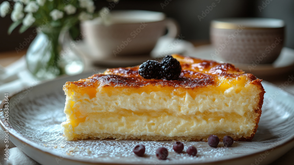 Slice of cheesecake with blackberries on a plate. Slice of cheesecake with blackberries on a plate.
