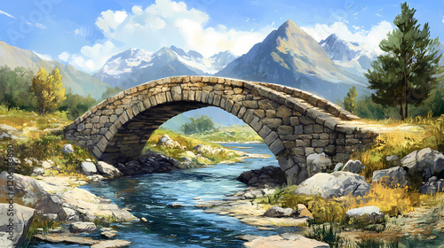 Low-arched stone bridge crossing shallow columbia river, low arched stone bridges, outdoor bridges, natural materials, rustic bridges, columbia river. Rustic Bridge. Illustration photo