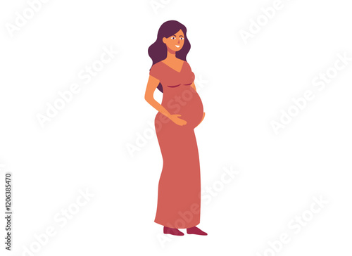 Illustration of a Happy Pregnant Woman in Red Dress Standing