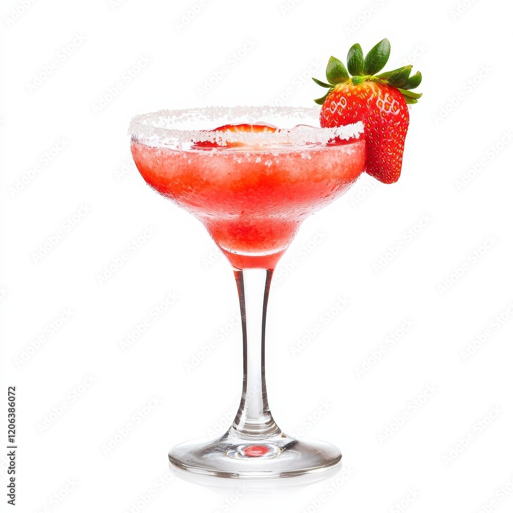 A fruity Strawberry Margarita with salt rim and strawberry garnish, presented against an isolated white background, surrealism art style A fruity Strawberry Margarita with salt rim and strawberry garnish, presented against an isolated white background, surrealism art style