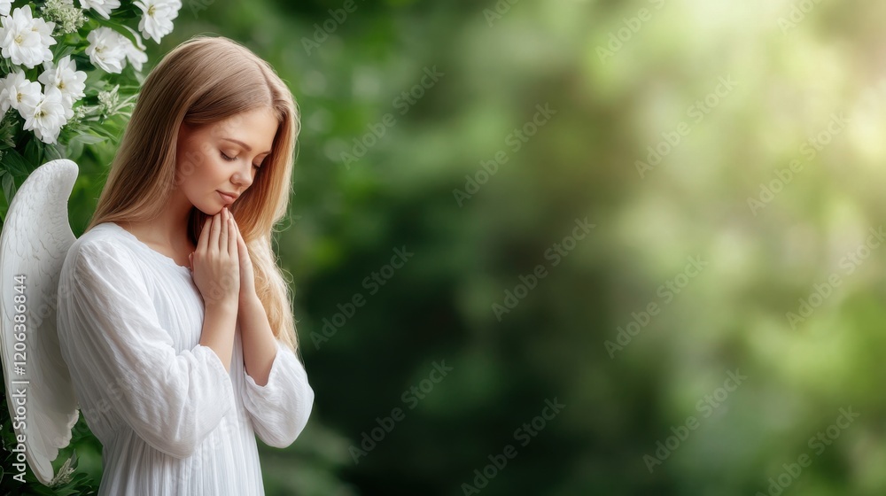 Ethereal Woman with Angel Wings Praying in a Serene Garden Surrounded by White Flowers and Soft Light Ethereal Woman with Angel Wings Praying in a Serene Garden Surrounded by White Flowers and Soft Light
