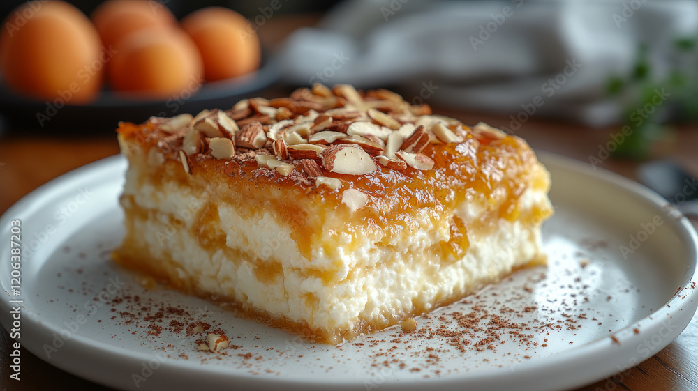 Slice of almond-topped cake with cream and apricot layers. Slice of almond-topped cake with cream and apricot layers.