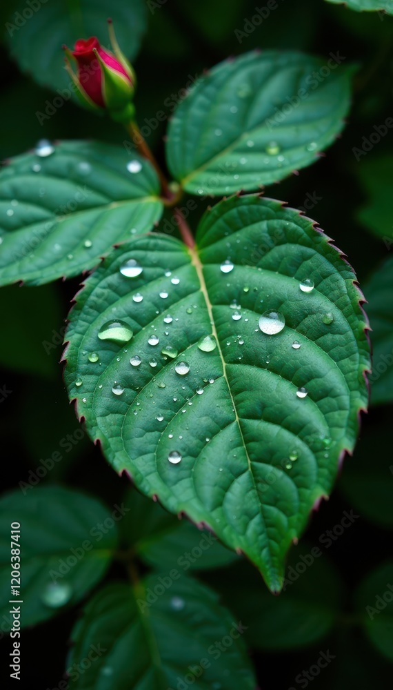 Large rose leaf with abundant raindrops on its surface, showcasing its texture and veins, nature, macro, leaves Large rose leaf with abundant raindrops on its surface, showcasing its texture and veins, nature, macro, leaves
