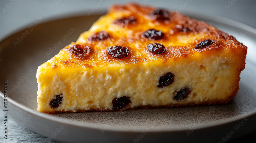 A slice of cheesecake with raisins on a plate. A slice of cheesecake with raisins on a plate.