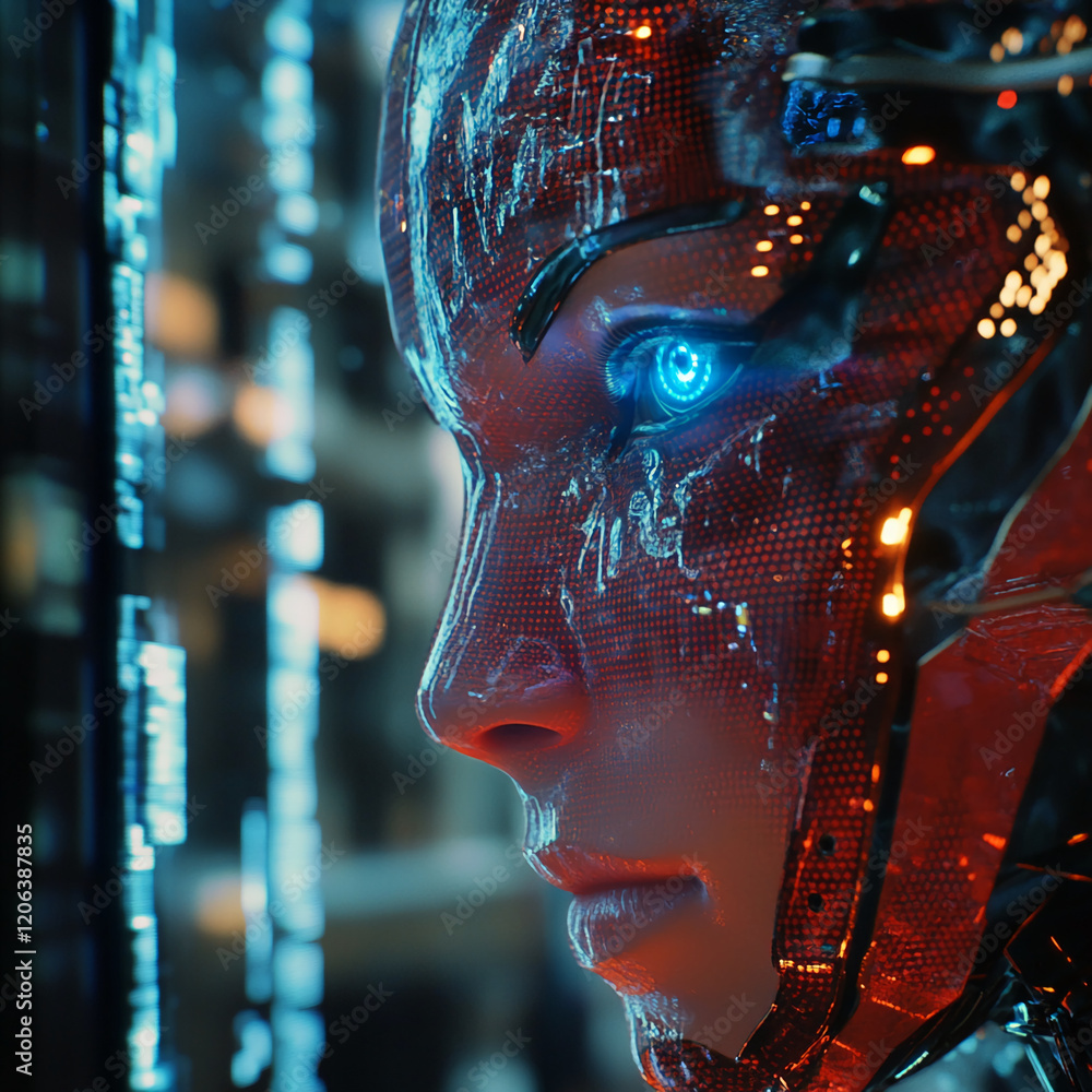 Futuristic robot with glowing blue eye in a high-tech environment showcasing advanced technology features Futuristic robot with glowing blue eye in a high-tech environment showcasing advanced technology features