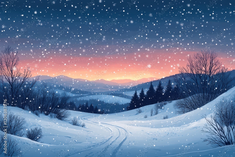Fototapeta premium Scenic Snow-Covered Landscape with Serene Sunset and Falling Snowflakes Amidst Rolling Hills and Silhouetted Bare Trees Near a Forest Edge in Winter