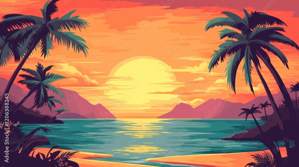 Tropical Sunset Beach Scene With Palm Trees Tropical Sunset Beach Scene With Palm Trees