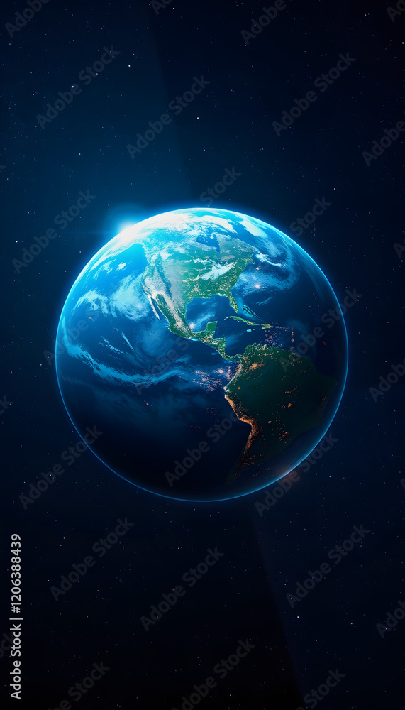 Obraz premium Beautiful amazing blue planet earth with night lights of megacities and cities in open space with stars. Space view of planet earth, with white tones