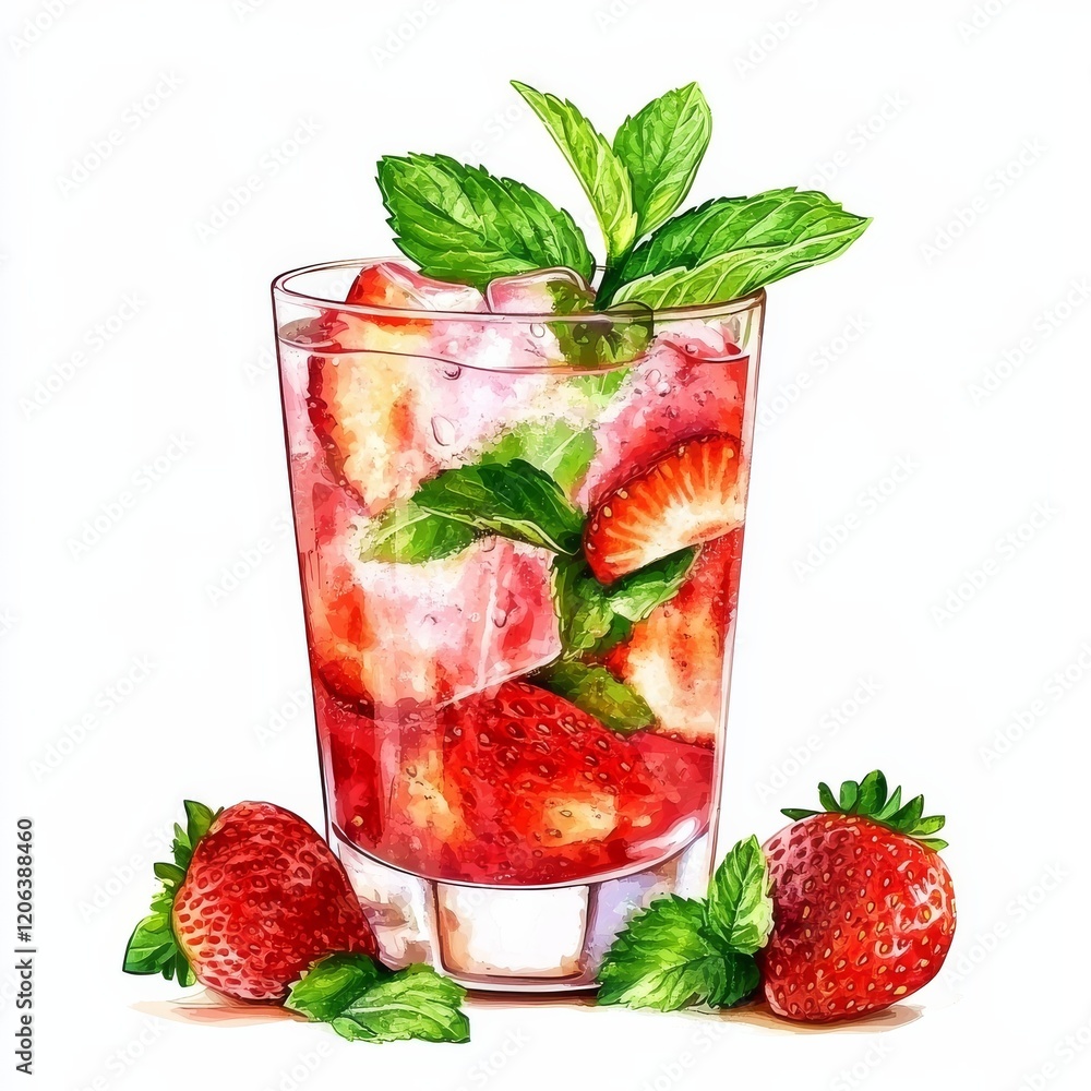 A fruity strawberry mojito with mint leaves, positioned on an isolated white background, fauvism art style A fruity strawberry mojito with mint leaves, positioned on an isolated white background, fauvism art style
