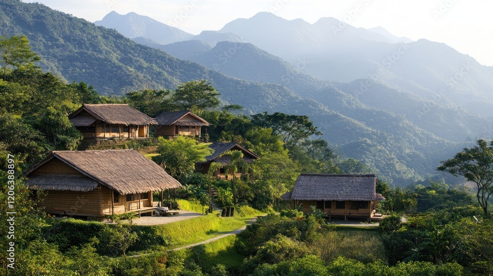 Mountaintop Village Houses With Thatched Roofs And Lush Greenery Mountaintop Village Houses With Thatched Roofs And Lush Greenery