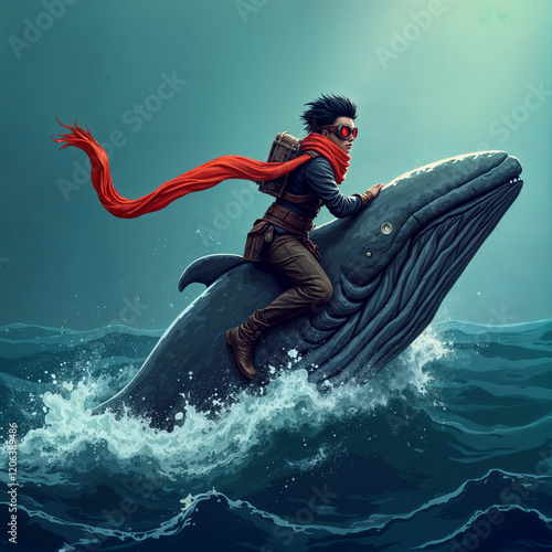 a person wearing goggles and a red scarf, riding a large whale through turbulent waters. The person is dressed in a steampunk-style outfit, complete with a backpack and leather glove