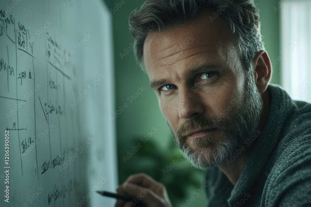 A man with a beard, focused on writing equations on a whiteboard, deep in thought. A man with a beard, focused on writing equations on a whiteboard, deep in thought.