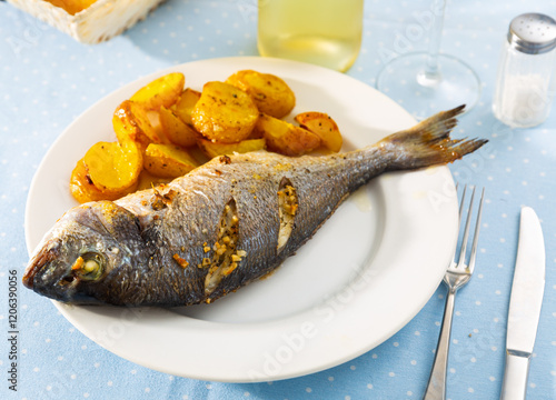 Baked dorado with potatoes on a plate photo