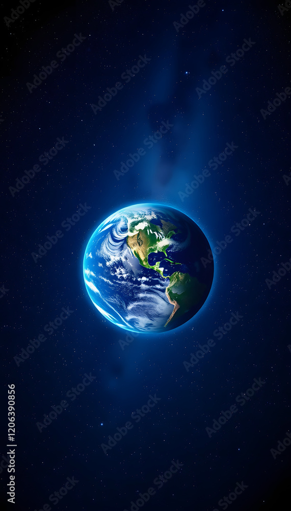Fototapeta premium Amazing deep space with stars and a blue planet Earth with city lights at night. Space for design and text, with white tones