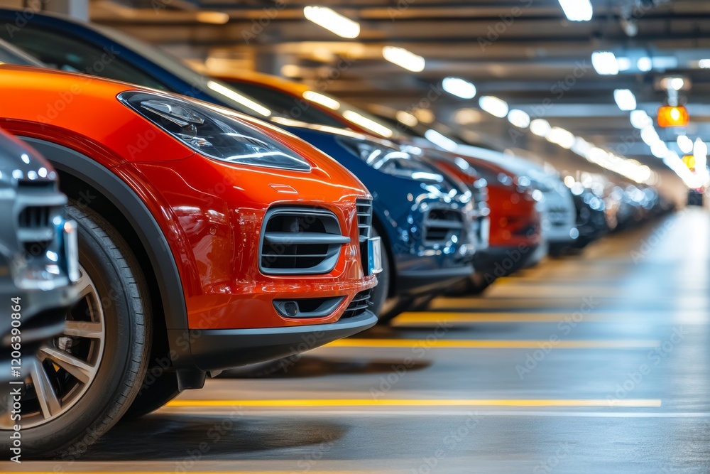 Modern underground parking lot featuring a neat row of parked vehicles in a contemporary setting Modern underground parking lot featuring a neat row of parked vehicles in a contemporary setting