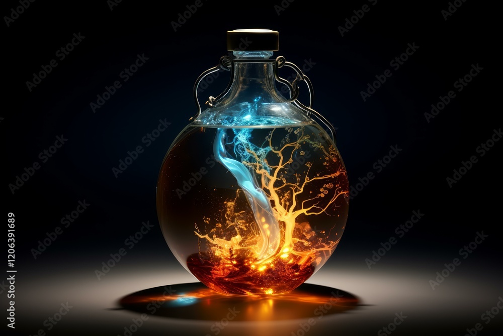 Glass jar with glowing magical tree of life inside emitting colorful light and smoke, fantasy concept art Glass jar with glowing magical tree of life inside emitting colorful light and smoke, fantasy concept art