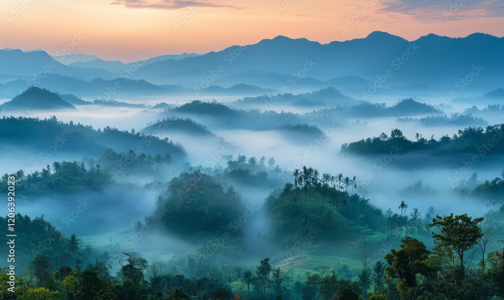 Fototapeta premium foggy forests and misty mountains panoramic view