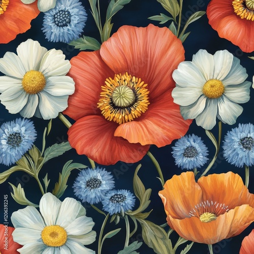 Wallpaper Mural Vibrant watercolor floral pattern with poppies and daisies on dark navy background Torontodigital.ca