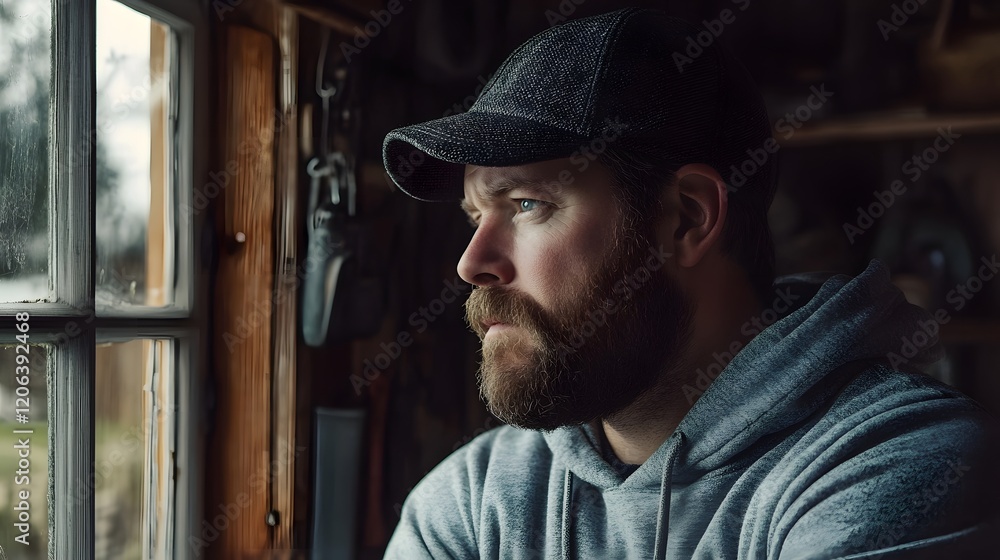 Man looking out of a rustic window
Man looking out of a rustic window