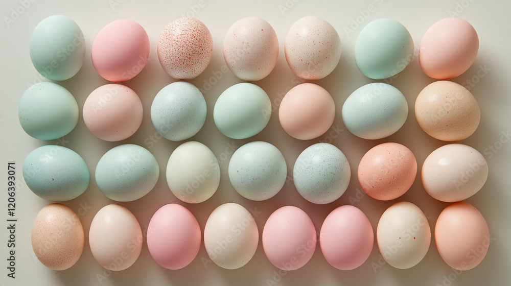Pastel-colored Easter eggs arranged in a symmetrical pattern on a white background Pastel-colored Easter eggs arranged in a symmetrical pattern on a white background