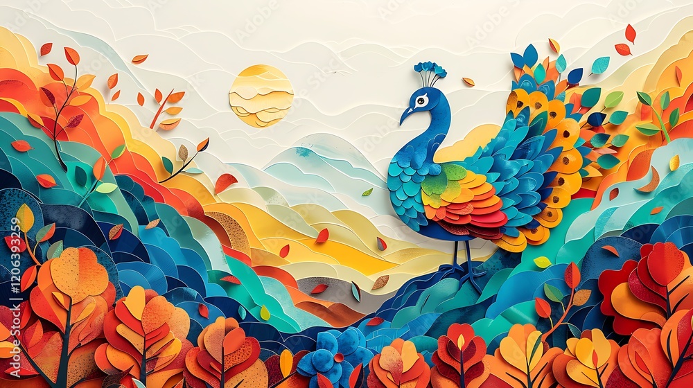 Obraz premium Autumnal Peacock Paper Art Landscape