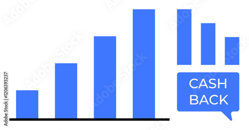 Growth bar graph in blue with a Cash Back text bubble. Ideal for finance, sales performance, business, marketing, investment, savings promotion, data analysis. Simple visual for economic incentives