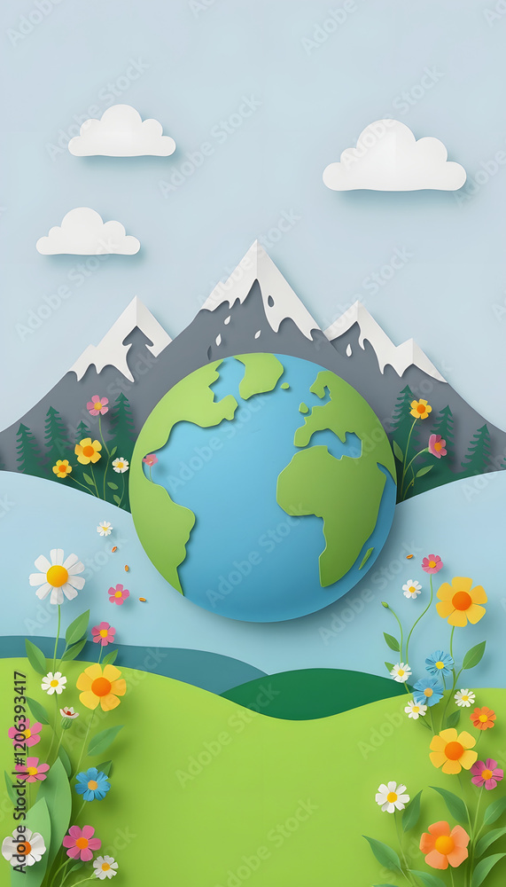 Naklejka premium Earth Day Paper Art of Globe in Field with Mountains, Flowers