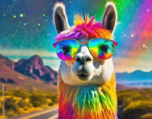 a vibrant, colorful llama with a hyper-realistic face in frontal view. The background is a drive thru safari. The llamas skin exhibits a vivid rainbow palette- generated by ai