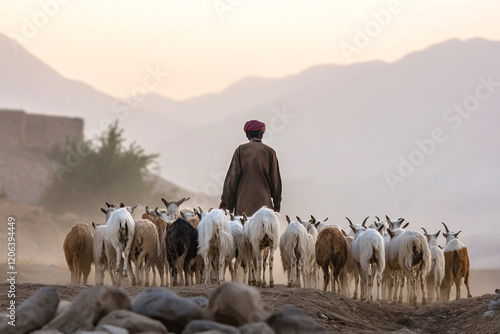 shepherd leading flock of goats in the desert at sunset