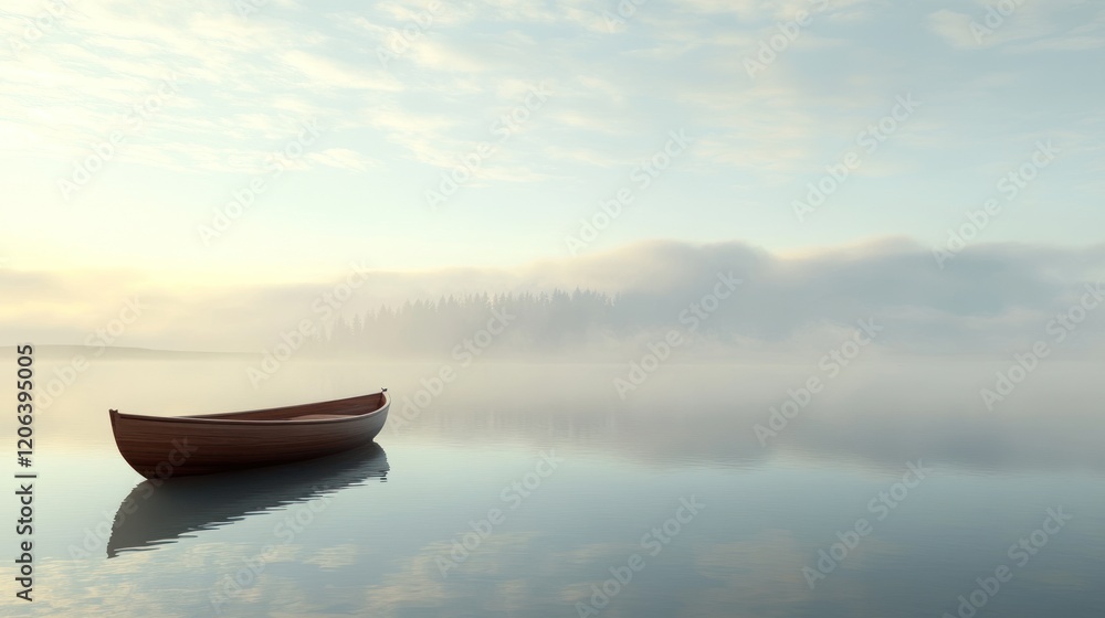 Naklejka premium Wooden Rowboat on Misty Lake at Dawn