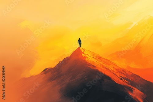 A lone figure stands atop a fiery orange mountain peak, bathed in the golden light of sunset. photo