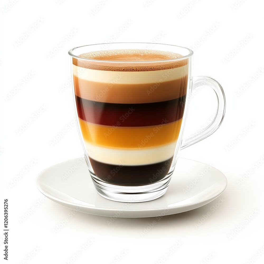 A layered pousse-caf鑼�with distinct colorful layers, elegant and precise, isolated white background A layered pousse-caf鑼�with distinct colorful layers, elegant and precise, isolated white background