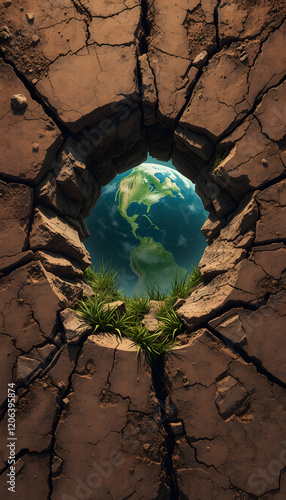 cracked earth, dried soil, dead grass, planet earth inside the cracked earth, graphic novel art, with white tones