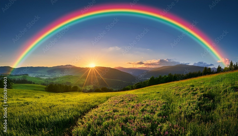 Naklejka premium a vibrant rainbow arches over lush green fields as the sun rises creating a picturesque scene of nature s beauty