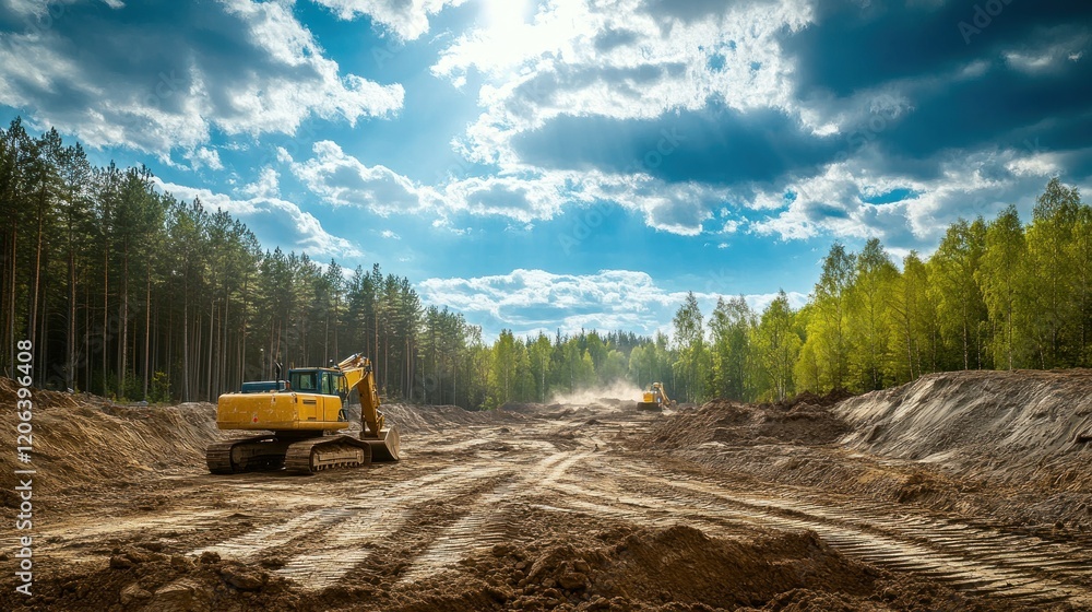 Excavators working on a road construction site in a forest Excavators working on a road construction site in a forest