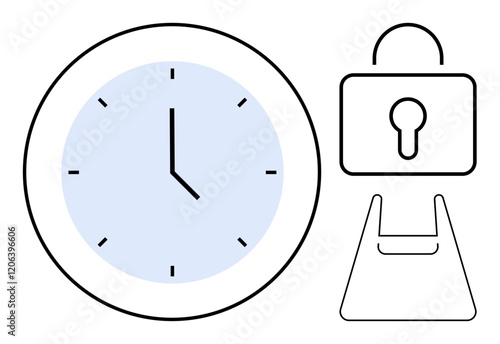 Black and white padlock, clock with blue face, triangular sign. Ideal for time management, security, deadlines, safety, productivity punctuality protection. Clean and modern abstract line flat