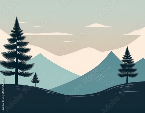 minimal landscape with a dark tree two pine trees and mountains illustration style