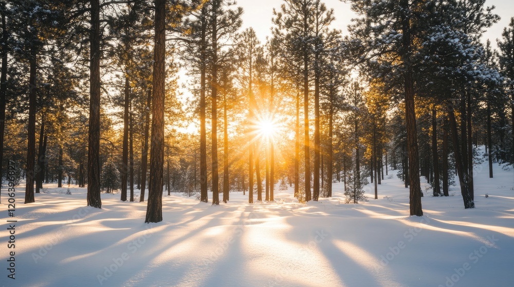 Golden Sunset Rays Through a Snowy Pine Forest Golden Sunset Rays Through a Snowy Pine Forest